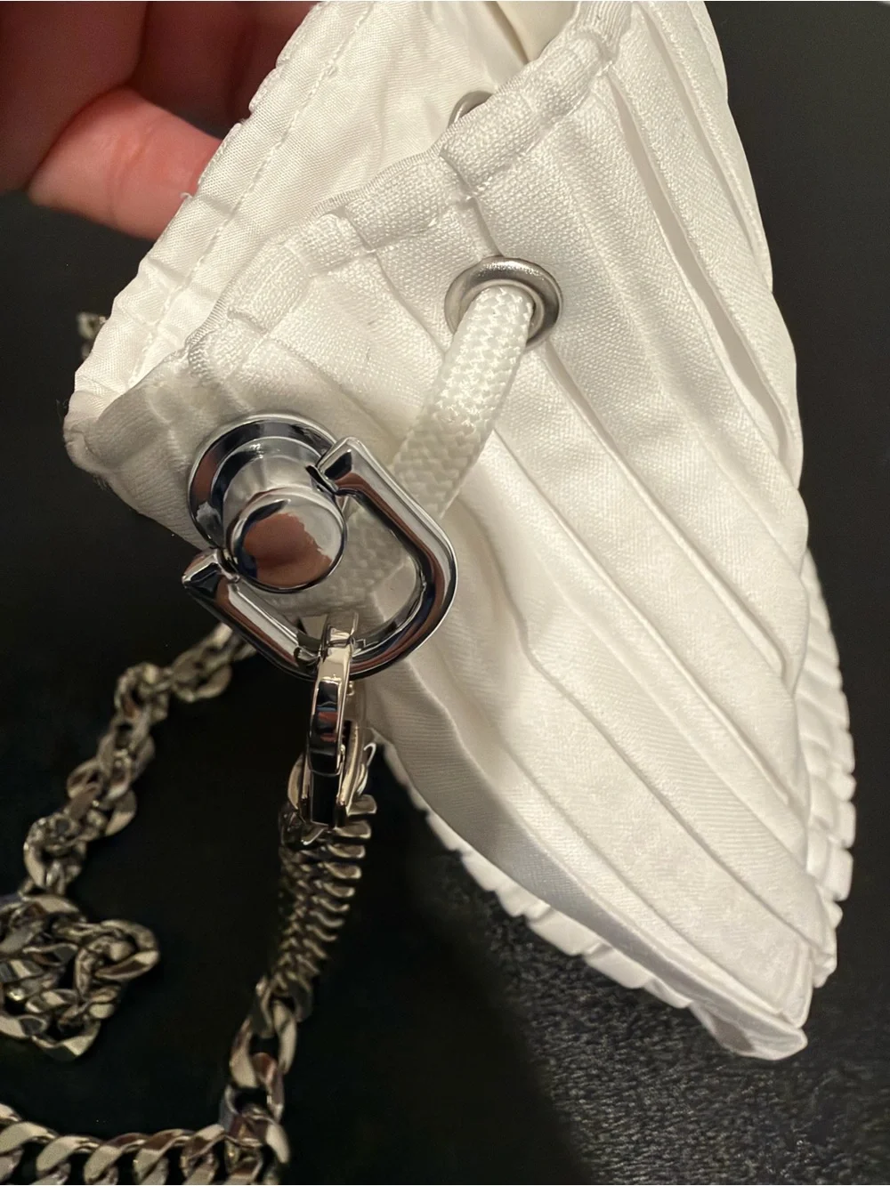 Dior Beauty White Pleated Drawstring Pouch Bag + Added Chain Strap